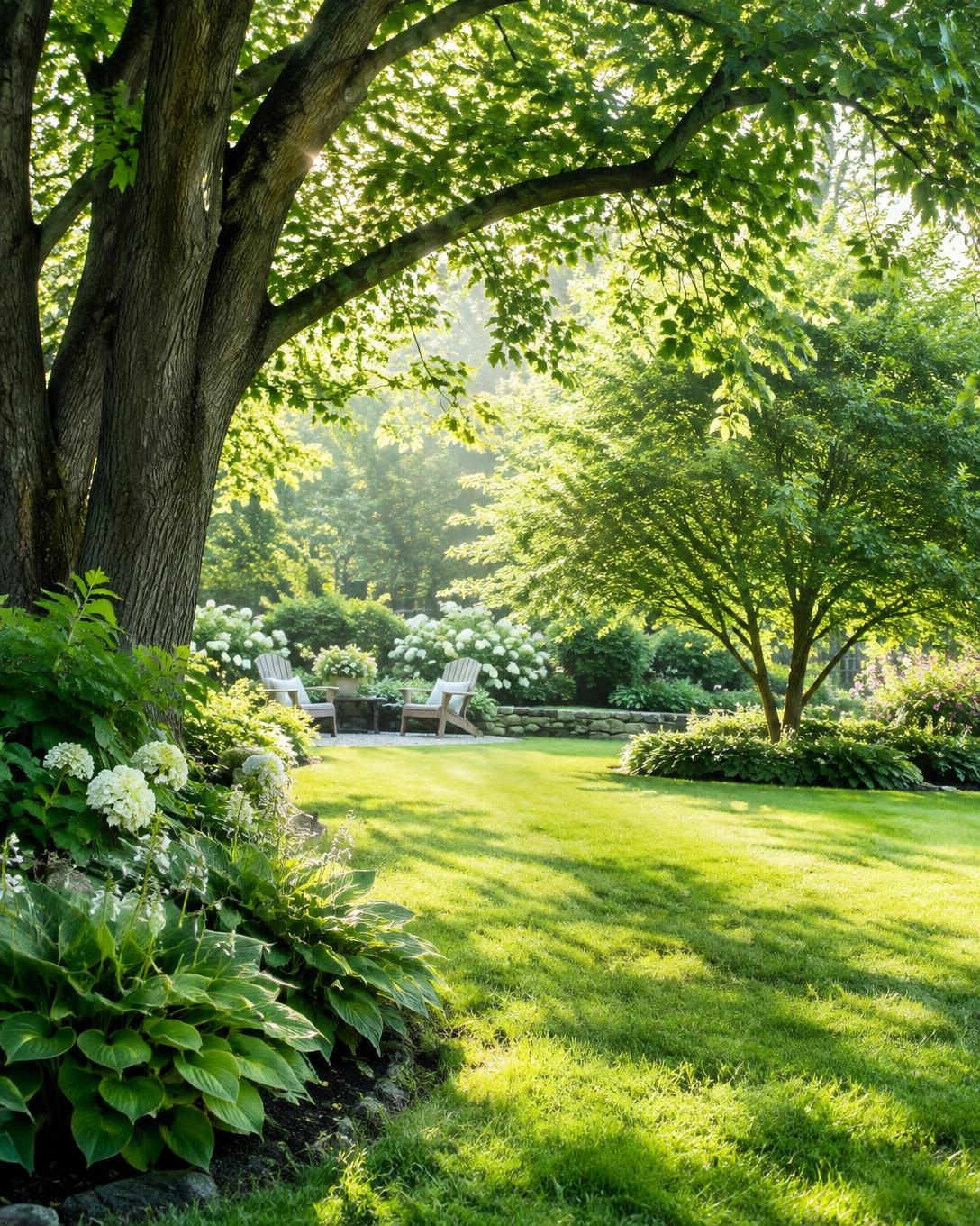 Sunlit backyard garden with mature shade trees and a manicured lawn